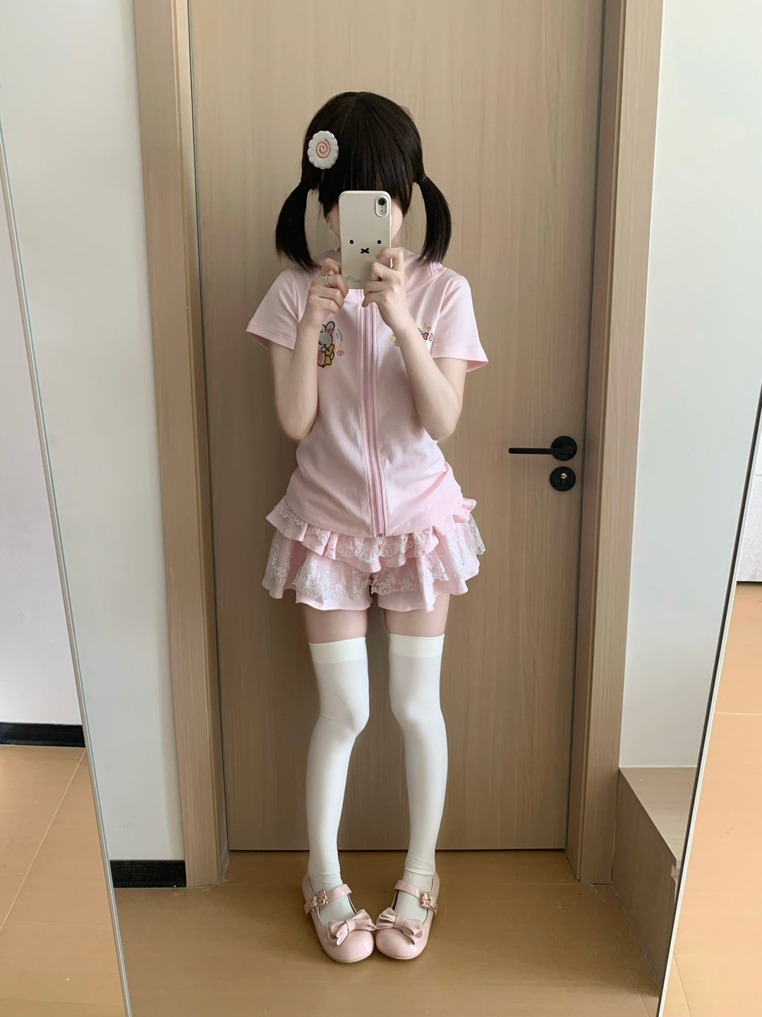 Kawaii Lace Cake Skirt with Sporty Zip-Up & Triple Ruffles 42702:749854