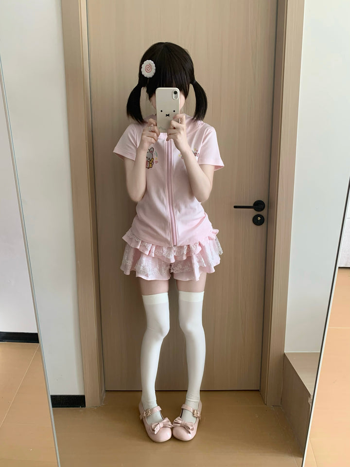 Kawaii Lace Cake Skirt with Sporty Zip-Up & Triple Ruffles 42702:749854