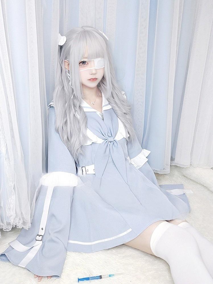 Jirai Kei Set Up Blue Lace Dress And Shorts Set 37046:546730