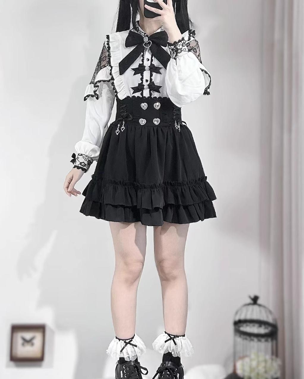 Black Jirai Kei Skirt With Flounce Hem + Heart Rhinestone 42711:752889
