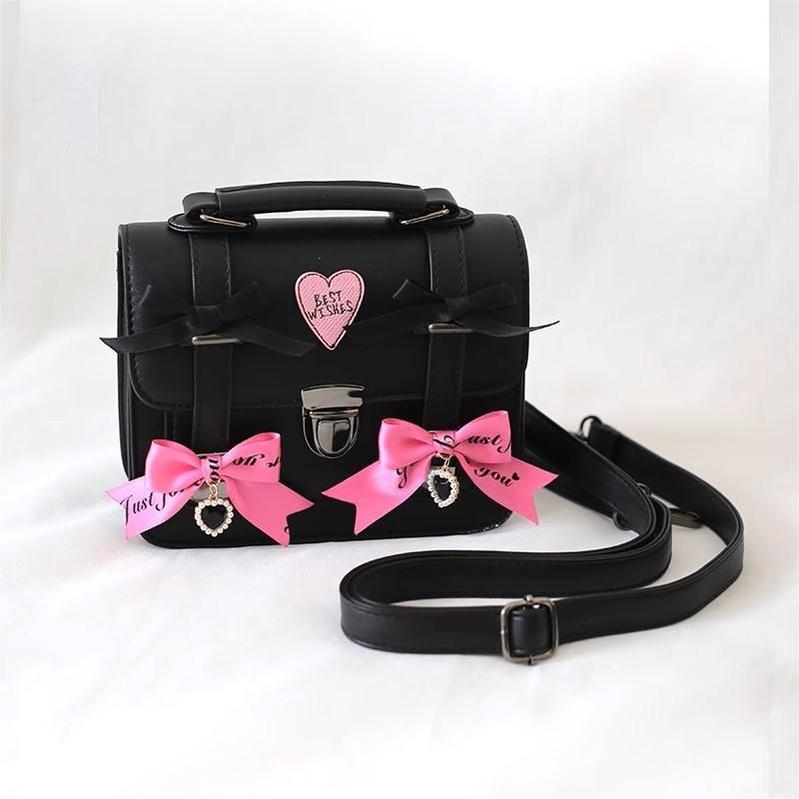 Black Jirai Kei Bag Leather Shoulder Bag With Bows And Rhinestone 33802:449850