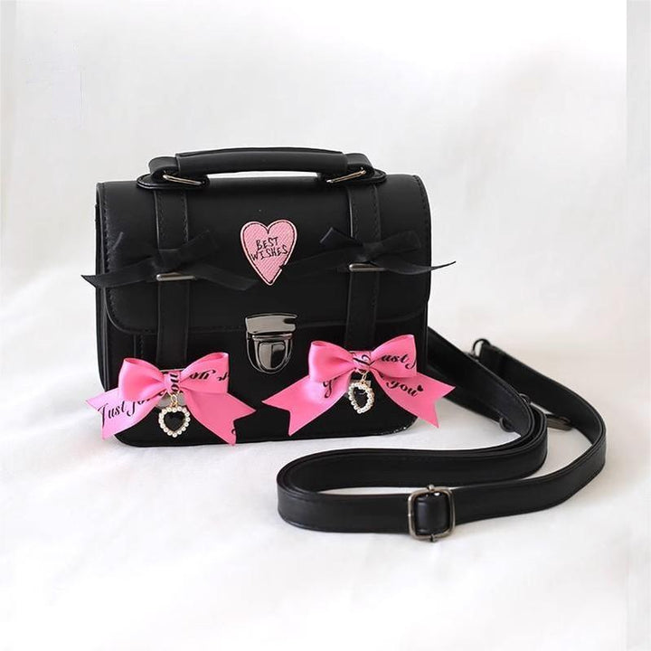 Black Jirai Kei Bag Leather Shoulder Bag With Bows And Rhinestone 33802:449850