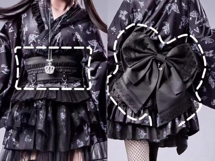 Gothic Blouse and Skirt Yukata Set, Wing Print (L M) 45129:836037