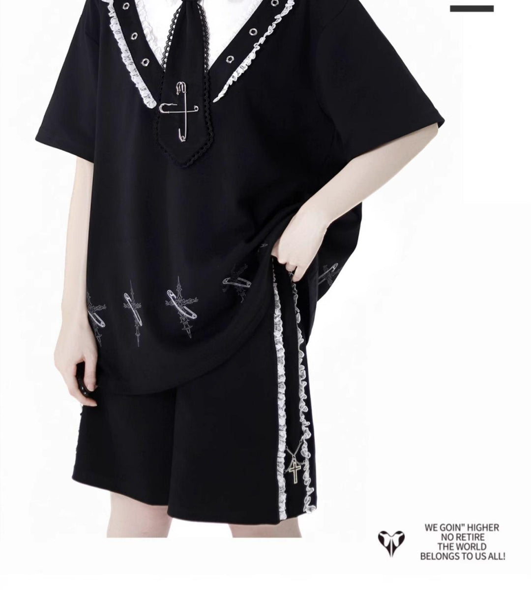 Black Cotton Sport-styled Jirai Kei Hoodie Dress & Shorts Set 42980:761497
