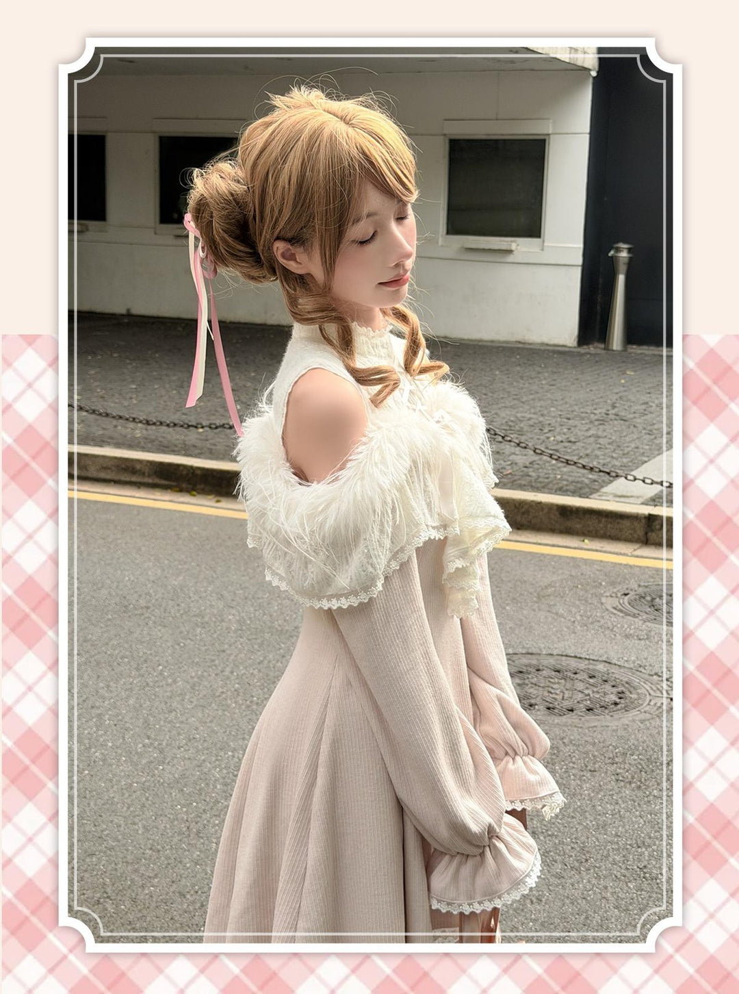 Seiso Kei Elegant Dress, Pink and White Knit 44113:796887