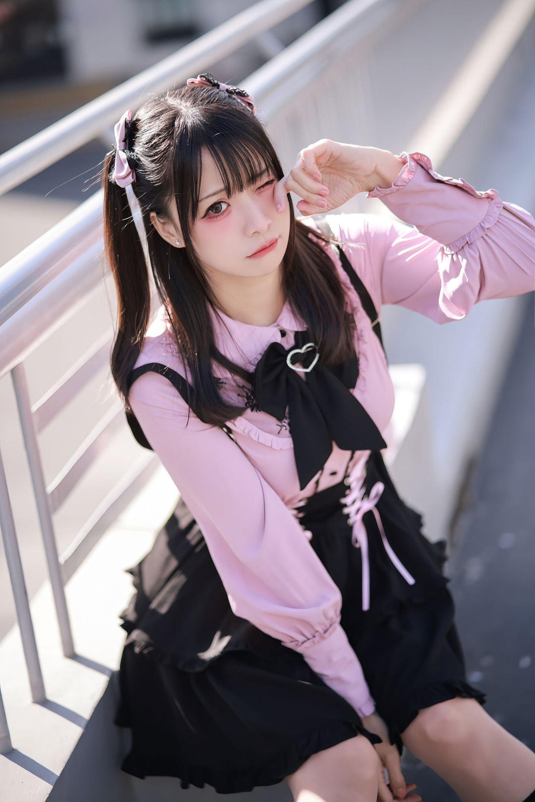 Pink Jirai Kei Blouse, Black Lace Up Skirt 21832:760686
