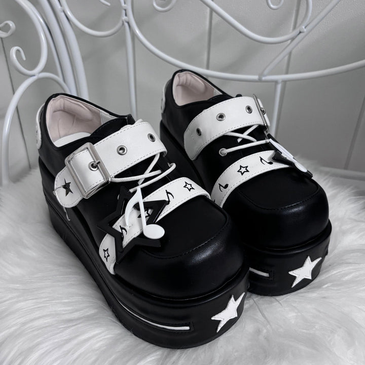 Punk Platform Shoes Gyaru Round-Toe Pentagram Musical Note Designs (Black / 34 35 36 37 38 39 40 41) 41578:706676