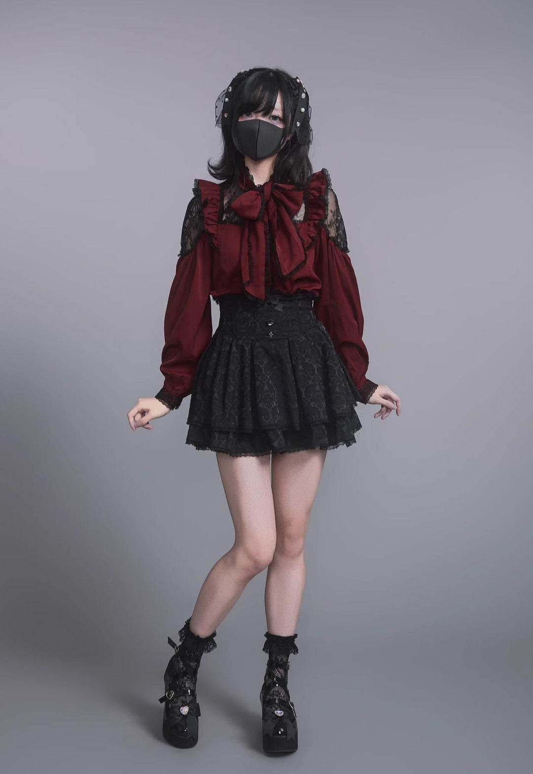 Jirai Kei Stand Collar Shirt with Lace Shoulder And Ribbon 42748:752317