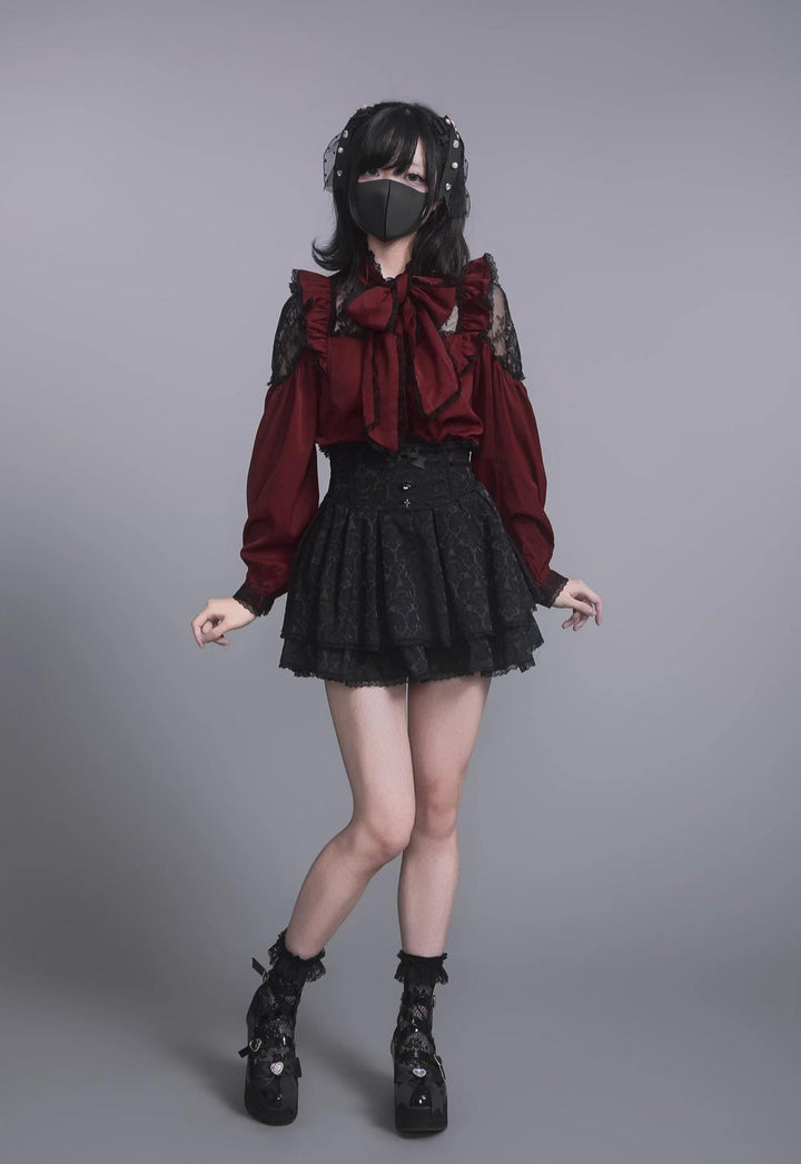 Jirai Kei Stand Collar Shirt with Lace Shoulder And Ribbon 42748:752317
