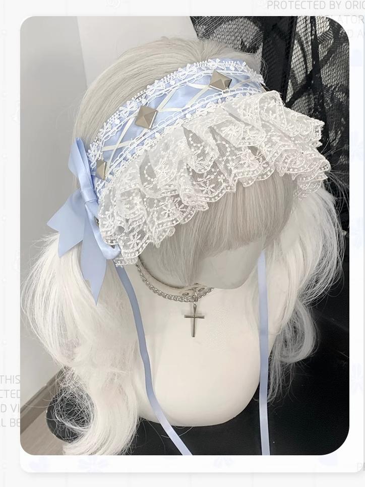 Jirai Kei Hairband with Ribbon Lace and Rivets 42804:754727