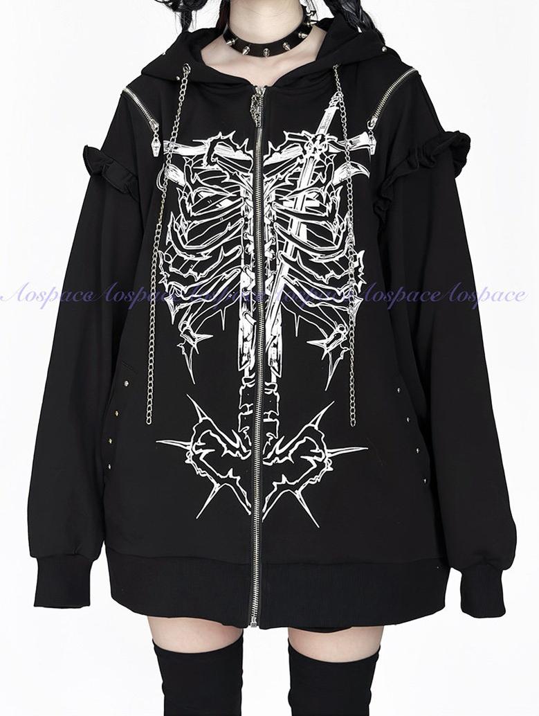 Subculture Ribcage Printed Zipper Hoodie, Open Shoulder 44482:811061