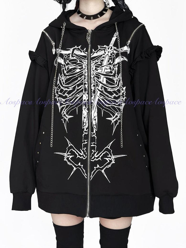 Subculture Ribcage Printed Zipper Hoodie, Open Shoulder 44482:811061
