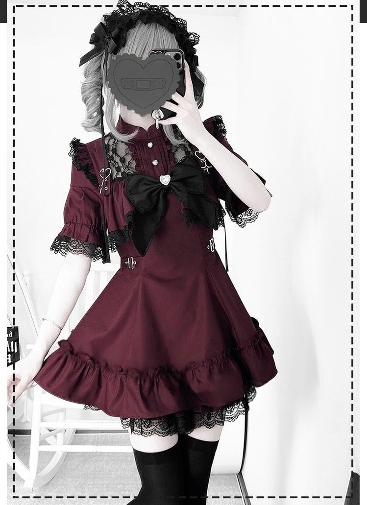 Jirai Kei Dress Set with Large Bow & Lace Hollow-out Detail 42814:755654