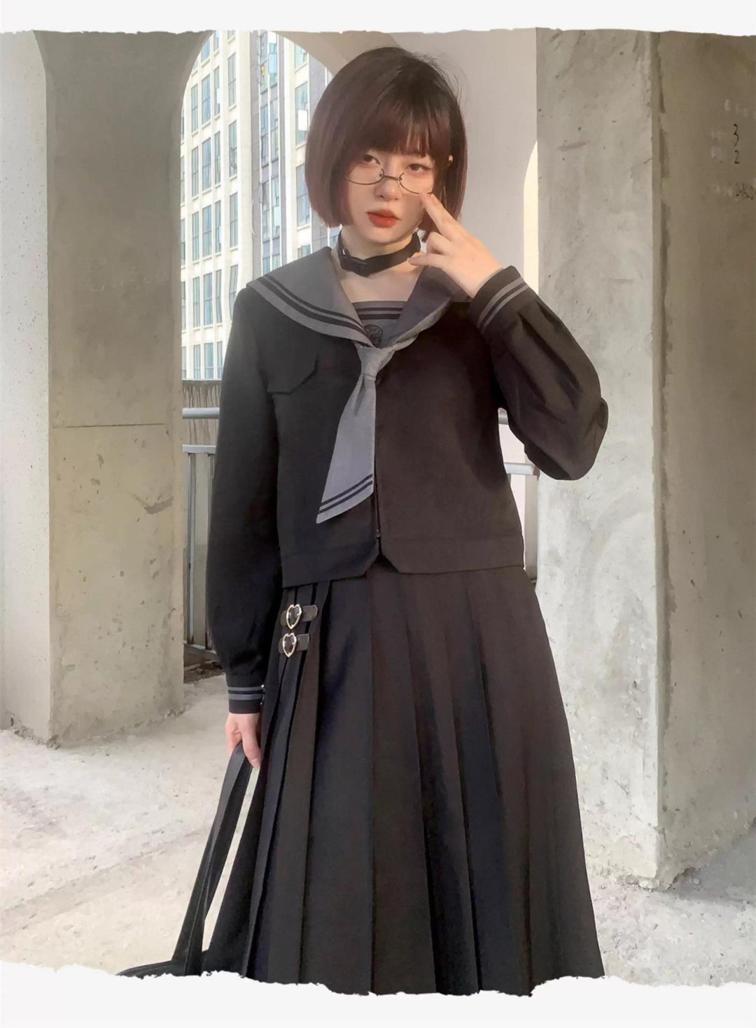 Black JK Uniform Sailor Collar Blouse Pocketed Pleated Skirt 43025:762728