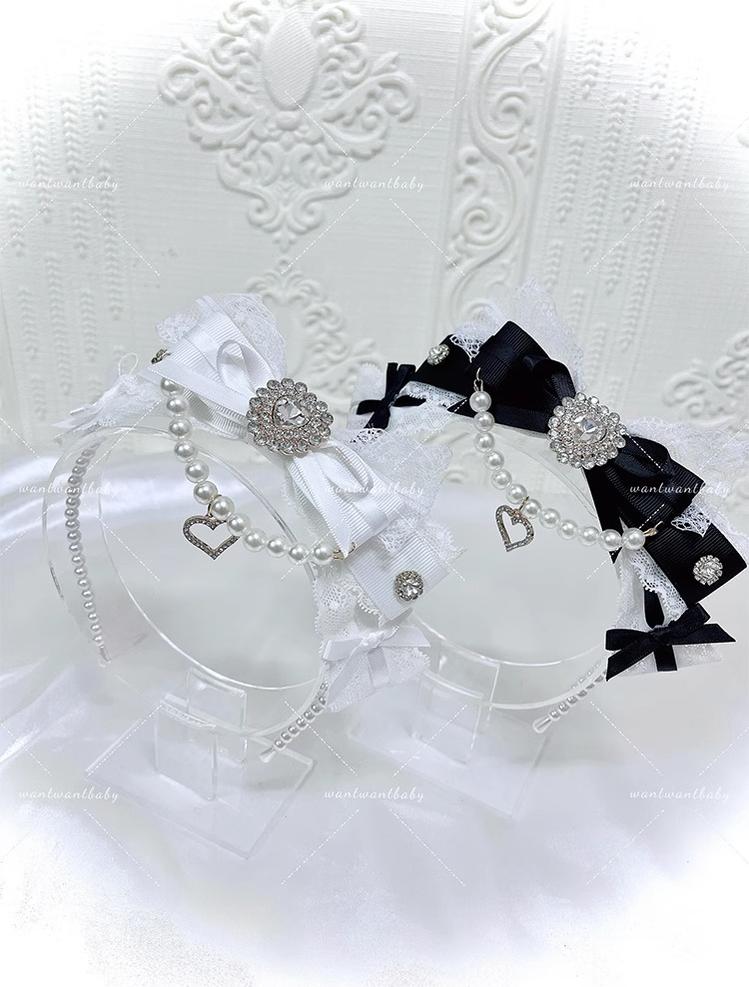 Jirai Kei Pearl Headband, Heart-Shaped Rhinestone & Bow 43296:772575