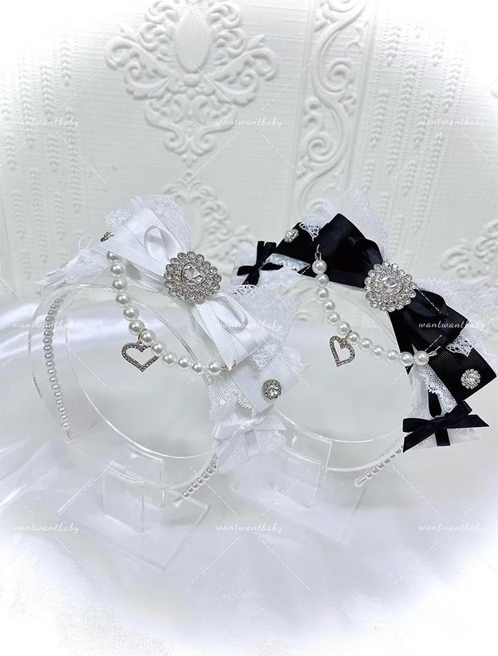 Jirai Kei Pearl Headband, Heart-Shaped Rhinestone & Bow 43296:772575
