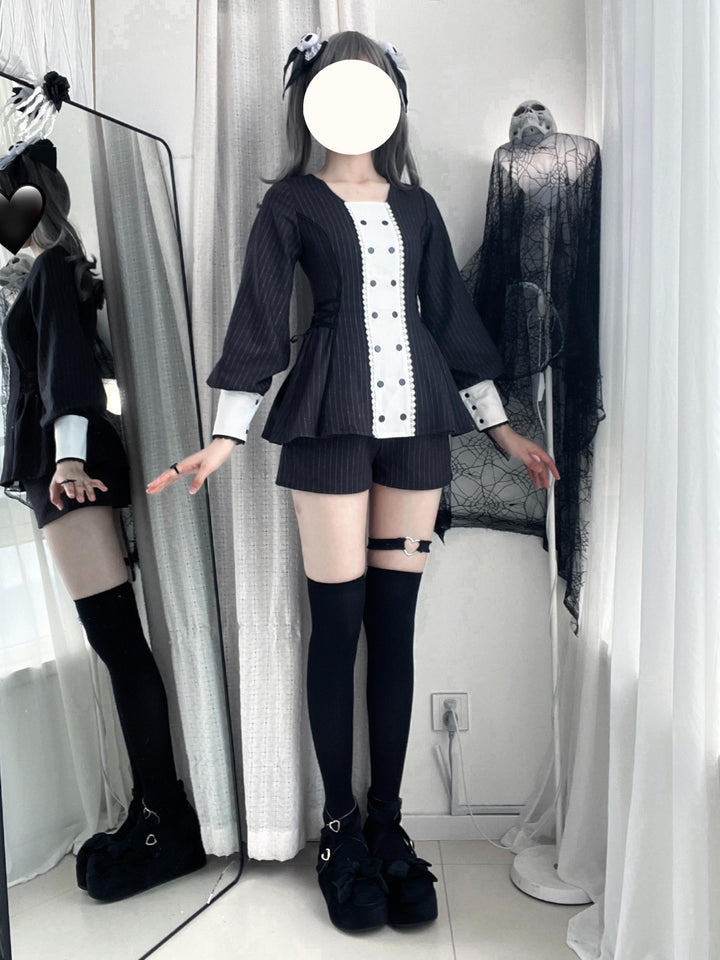 Striped Jirai Kei Set Up, Detachable Collar, Long/Short Sleeve Styles 43401:775794