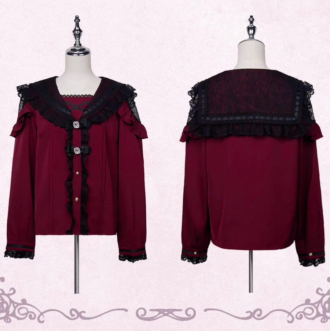 Sailor Collar Jirai Kei Blouse with Tulle Shoulder and Lace Frill (L M) 42523:744447
