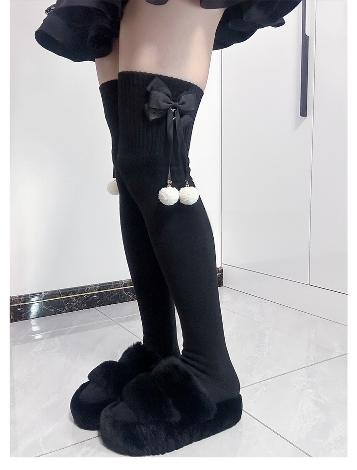 Jirai Kei Knee Socks Thick Plush Padded Bow Socks 40890:679134