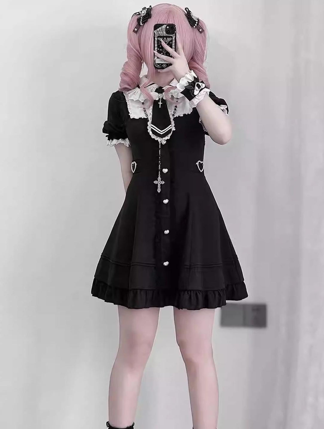 Black and White Jirai Kei Dress, Back Lace-Up 43613:780936