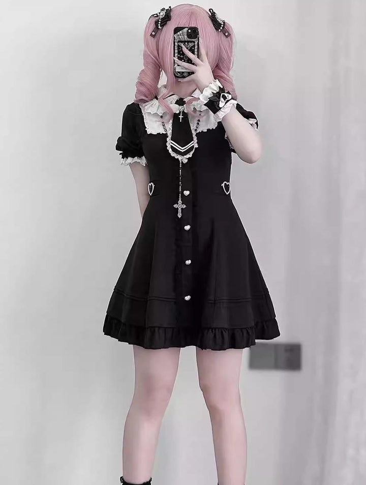 Black and White Jirai Kei Dress, Back Lace-Up 43613:780936