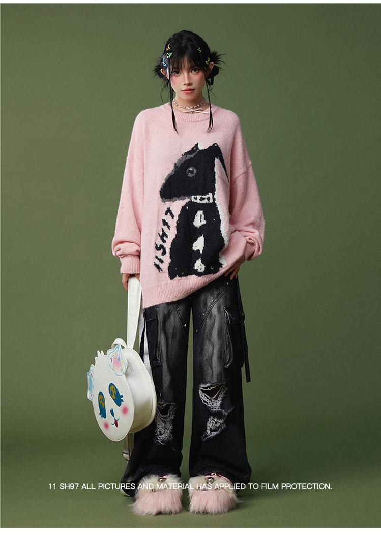 Punk Pants Black Straight Wide Leg Ripped Jeans Autumn 39760:642304