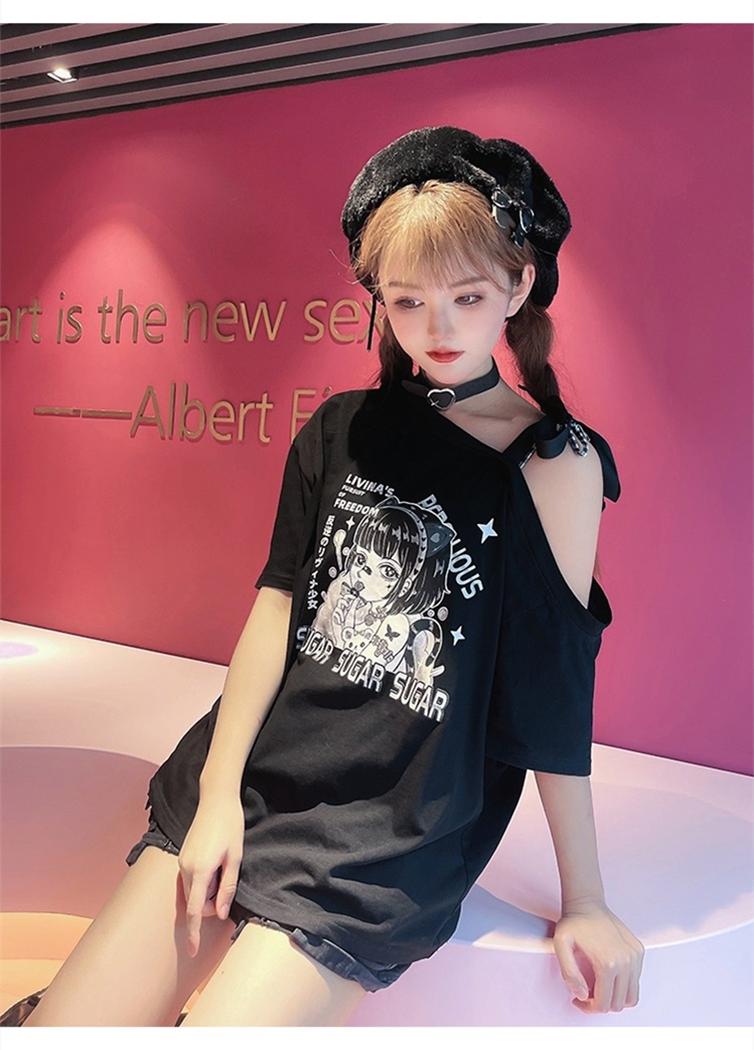 Y2K Outfits Skirt Set Open Shoulder Short Sleeve Shirt 36122:513398