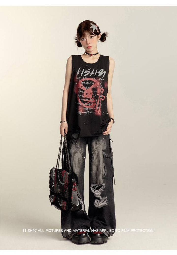 Punk Pants Black Straight Wide Leg Ripped Jeans Autumn 39760:642292