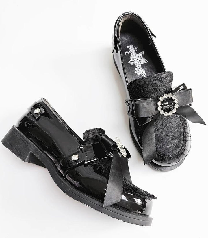 Jirai Kei Low-heeled Shoes with Round Rhinestone Bow 42708:751518