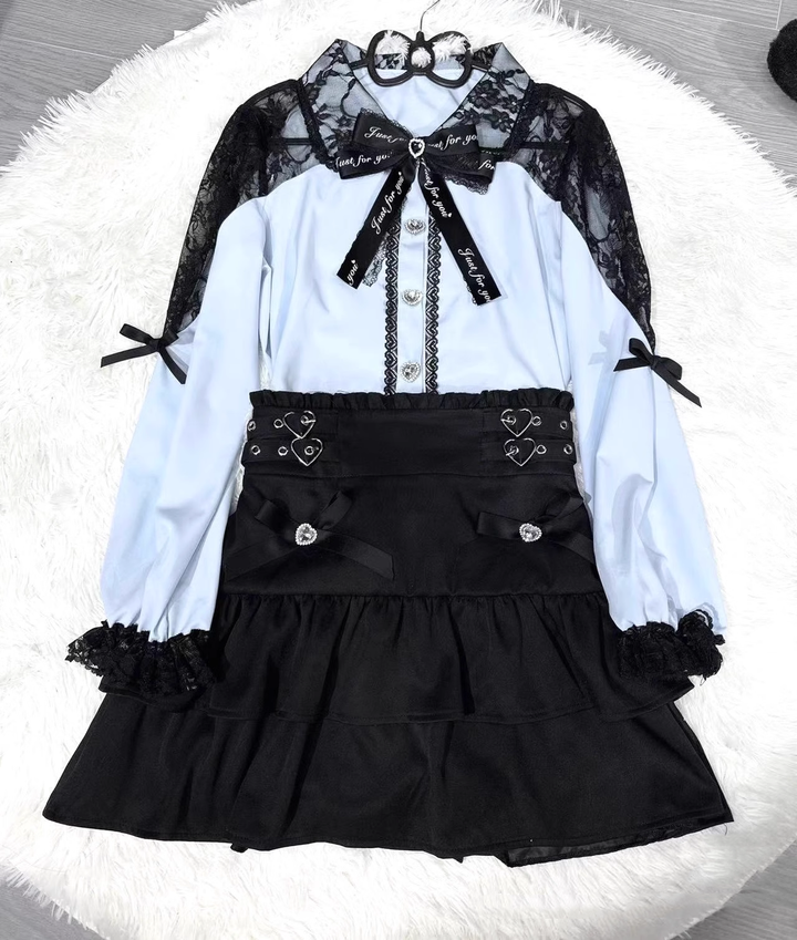 Jirai Kei Skirt Set Lace Collar Blouse A-line Skirt Set 39534:628836