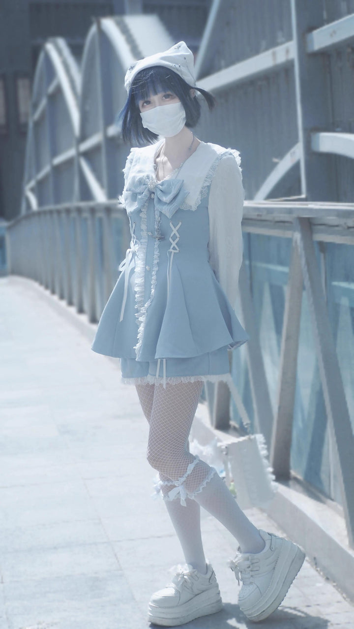 Lace-up Jirai Kei Dress Set with Lace and Rhinestone Button 42784:753152