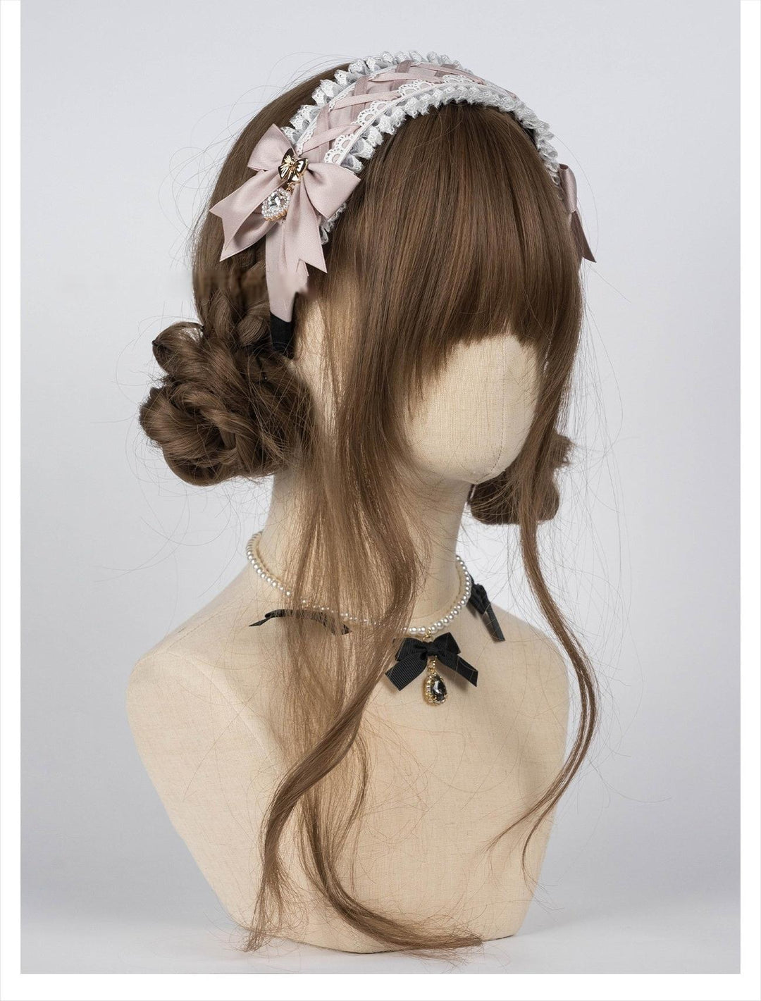 Ruffled Lace Jirai Kei Headband with Bows and Rhinestone 42485:742660