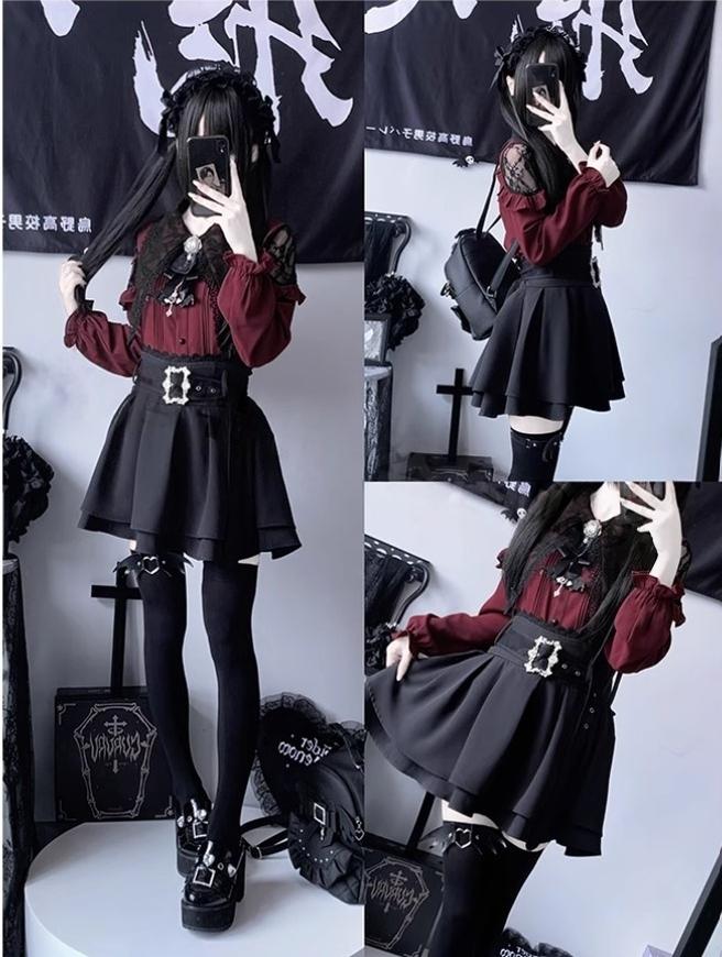 Pointed Lace Collar Jirai Kei Blouse & Black Skirt 42949:769842