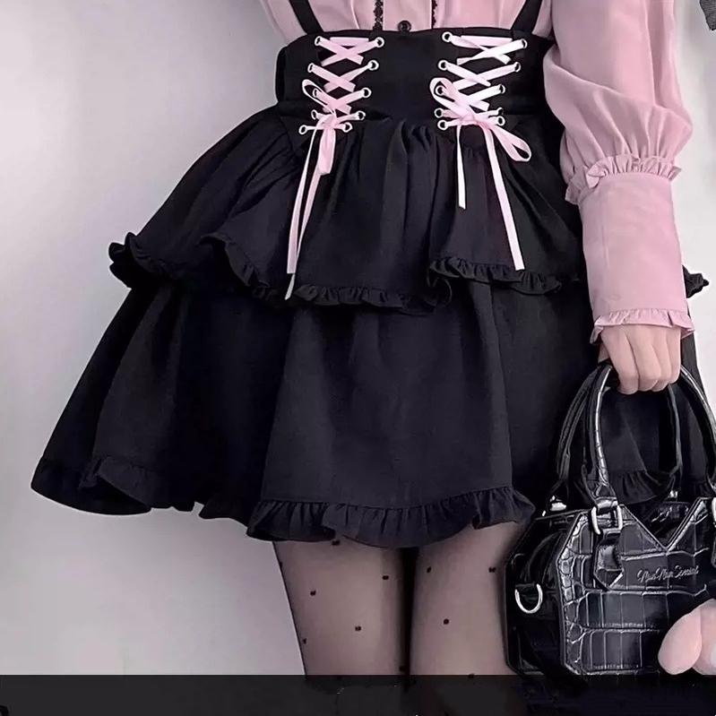Pink Jirai Kei Blouse, Black Lace Up Skirt (L M S XL) 21832:560356