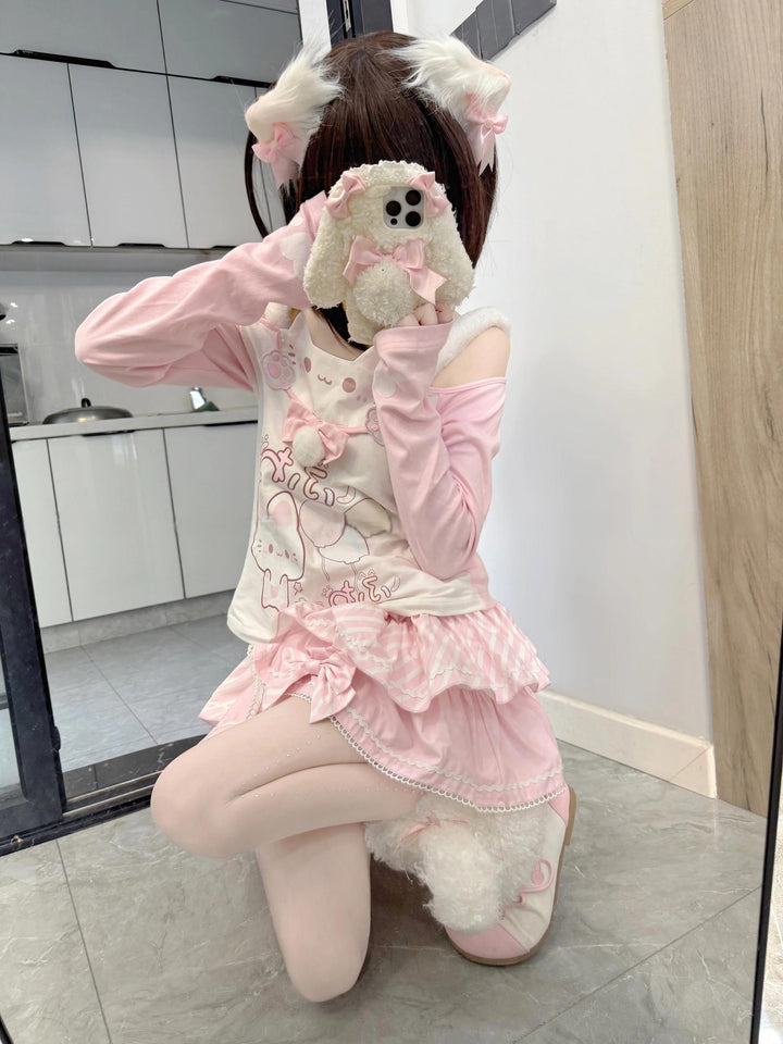 Kawaii Cat-Print Cotton Skirt Off-Shoulder Top with Choker 42812:755923
