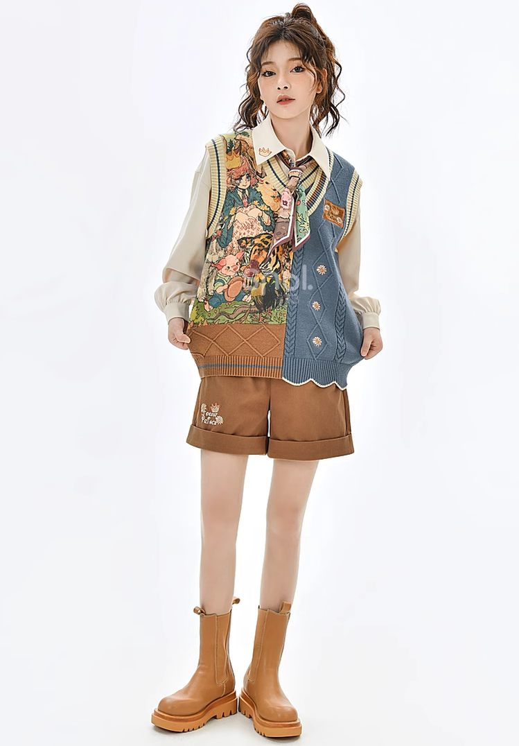 Mori Kei Clothing Set Retro Shirt Academy Vest Casual Shorts 39286:618824