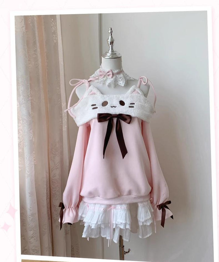Off-Shoulder Kawaii Sweatshirt & Tiered Ruffle Skirt (L M S) 43776:785340
