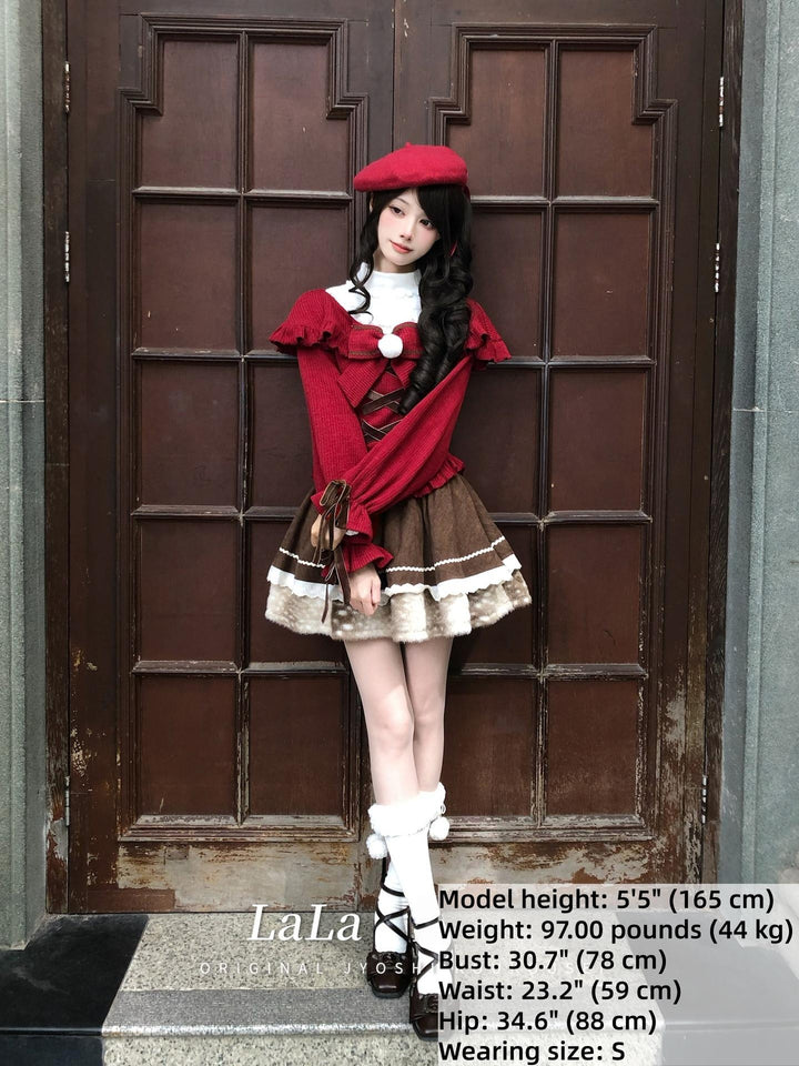 Christmas Red Off-Shoulder Sweater, Ruffled Skirt 44160:798313