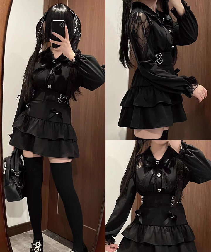 Jirai Kei Skirt Set Lace Collar Blouse A-line Skirt Set 39534:628834