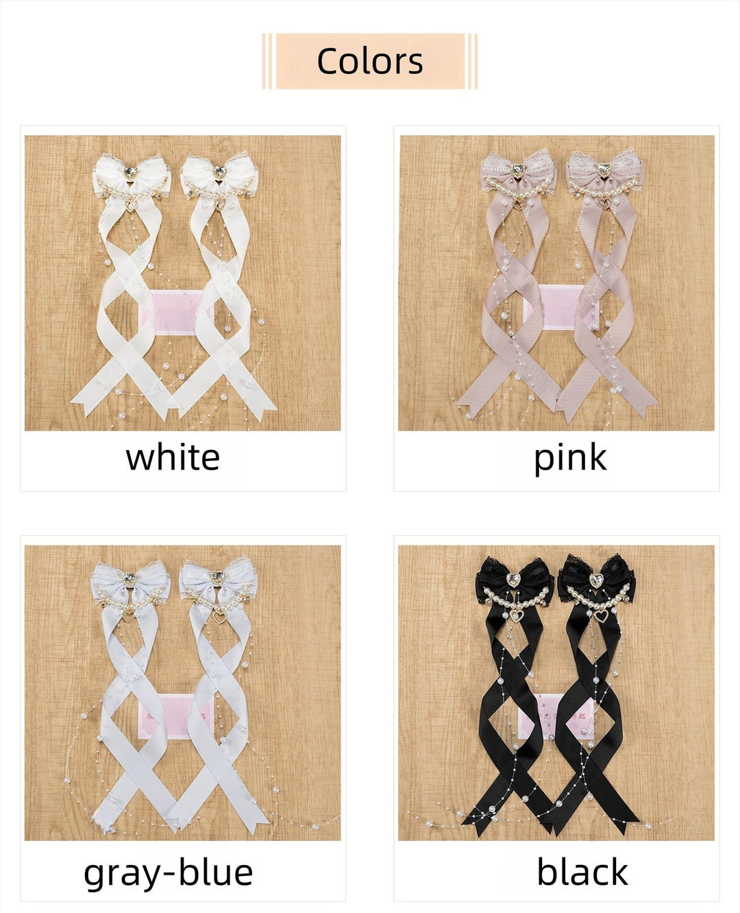 Jirai Kei Bow Hair Clip, Heart Rhinestone, Pearl Chain, Lace Trim 43501:778525