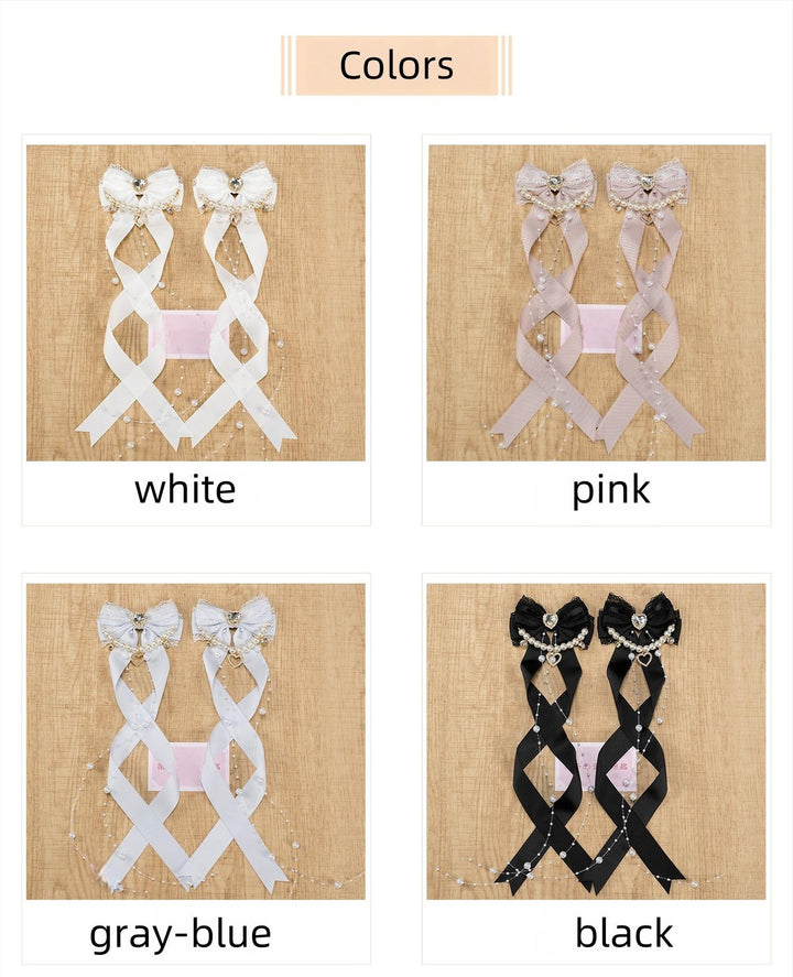 Jirai Kei Bow Hair Clip, Heart Rhinestone, Pearl Chain, Lace Trim 43501:778525