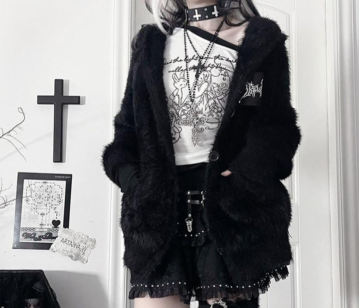 White/Black Knitted Coat, Long Bunny Ear Hood 44334:804906
