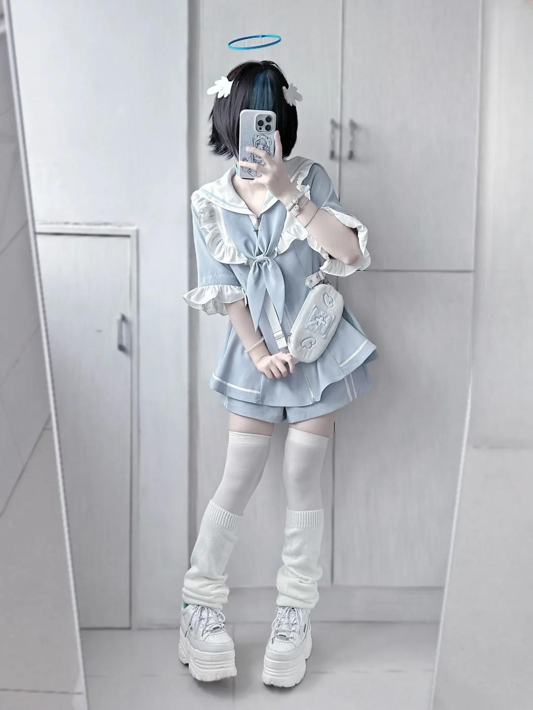 Jirai Kei Set Up Blue Lace Dress And Shorts Set 37046:761470