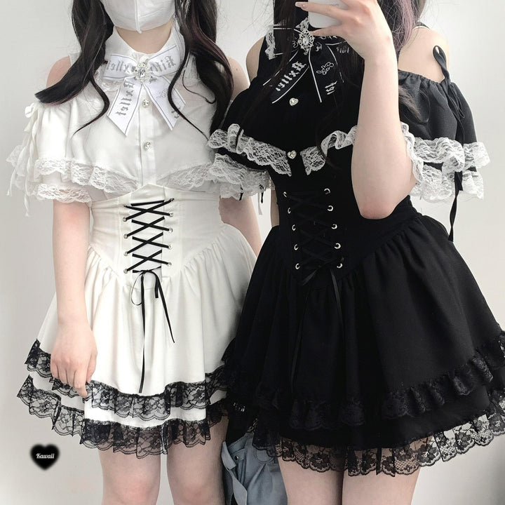 Jirai Kei Shirt Lace Open-shoulder Blouse Short Sleeve Top 36782:537546
