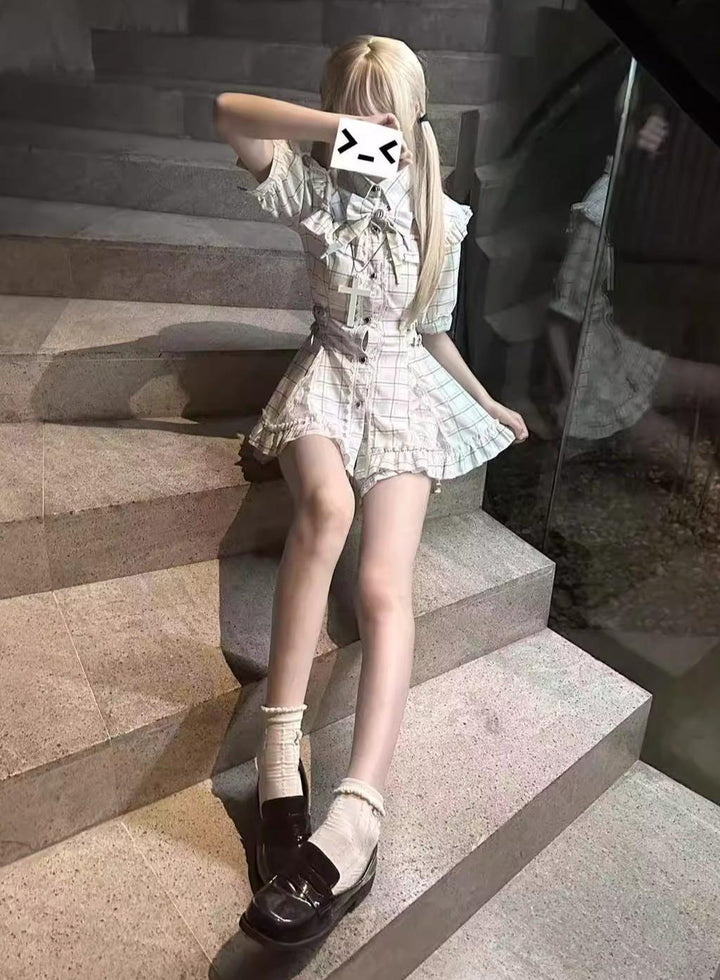 Lace Neck Jirai Kei Set Up, Pocketed Shorts 43544:779023