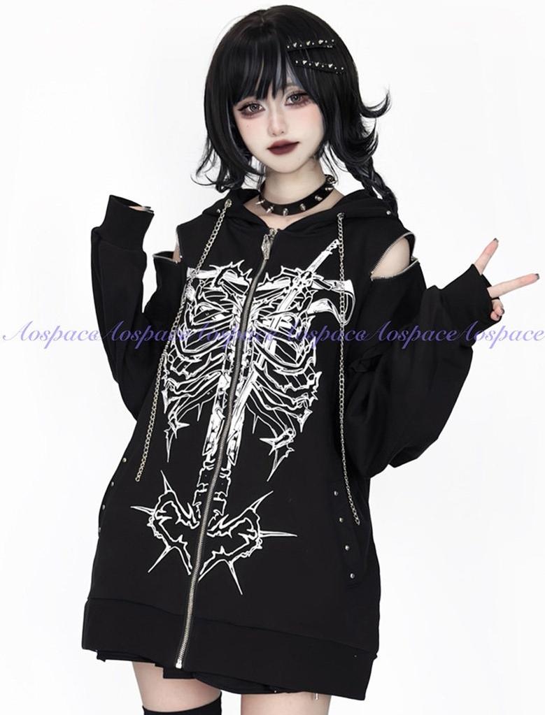 Subculture Ribcage Printed Zipper Hoodie, Open Shoulder 44482:811068