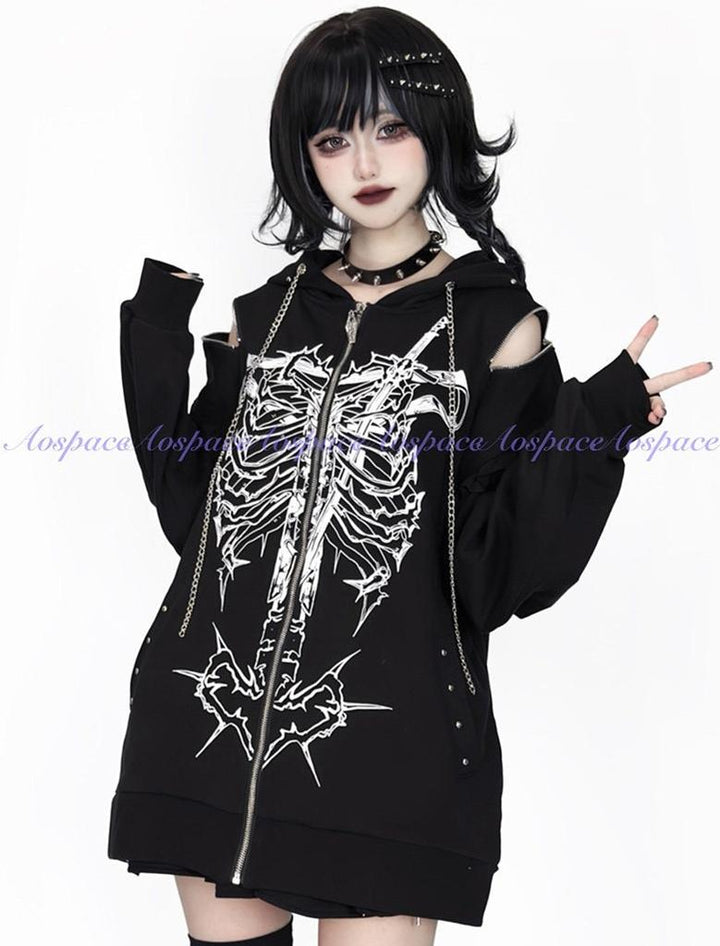 Subculture Ribcage Printed Zipper Hoodie, Open Shoulder 44482:811068