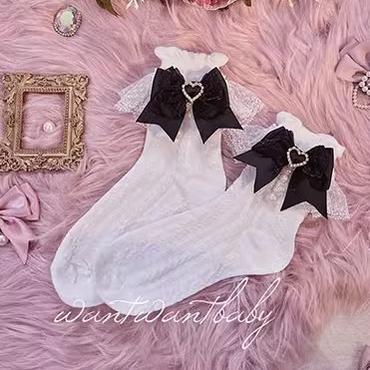Jirai Kei Socks Black White Pink Blue Bow Lace Socks 21754:320616