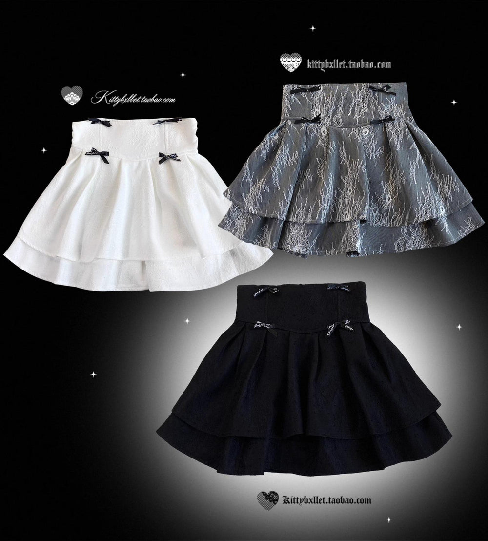 Jirai Kei Double-layered Skirt With Lace And Bow Details (Gray White) 43073:766259