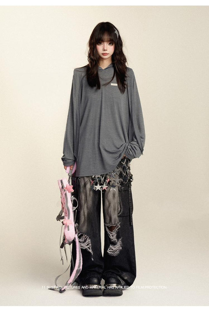 Punk Pants Black Straight Wide Leg Ripped Jeans Autumn 39760:642298